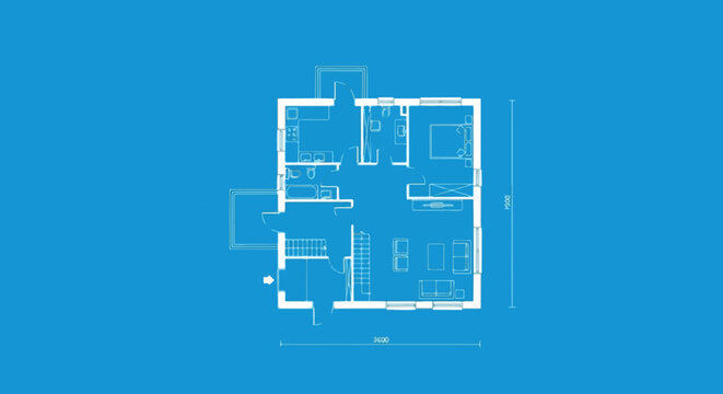 A detailed architectural floor plan design with measurements on blue background