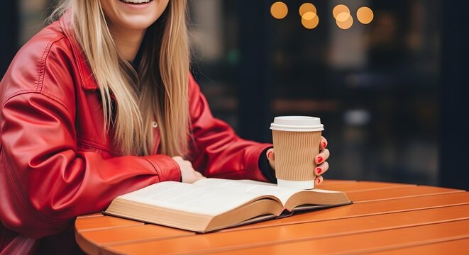Young woman reading book and holding coffee cup at outdoor cafe table