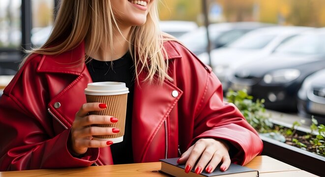 Young woman in red leather jacket enjoying coffee outdoors at a cafe