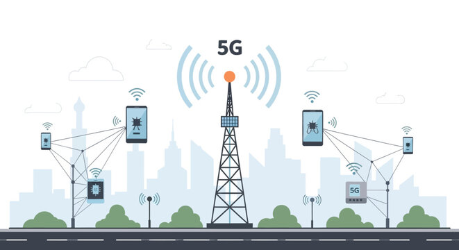 5G Network Communication Tower Connecting Mobile Devices and Smart Infrastructure. EPS Editable. Vector Illustrations.