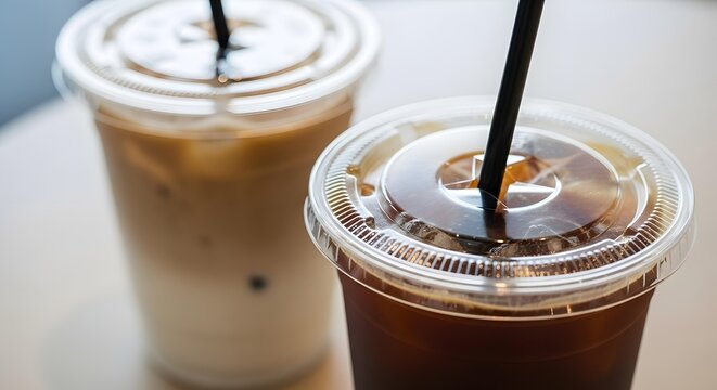Two iced coffee drinks in plastic cups with straws on a table