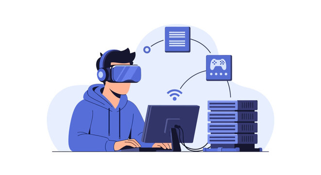 A gamer wearing virtual reality headset sitting at a computer with server connectivity. EPS Editable. Vector Illustrations.