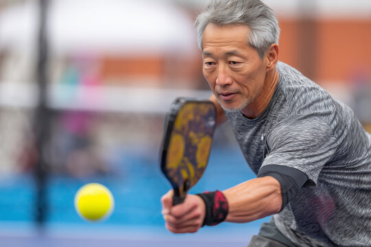 senior man playing pickleball on an outdoor court