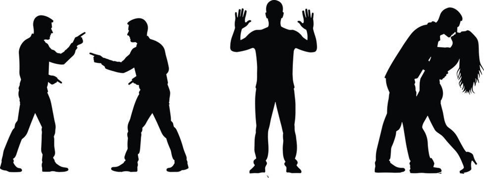 Black silhouette set of people in conflict and love showing arguing men pointing fingers and romantic couple kissing on white background isolated