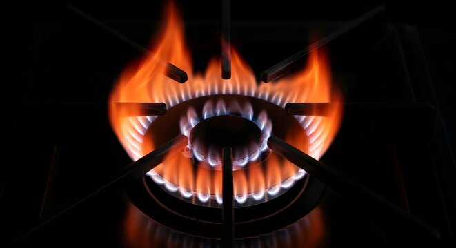 Gas stove burner with blue and orange flames burning on a black background, showcasing a circular metal ring with four prongs holding a round cap