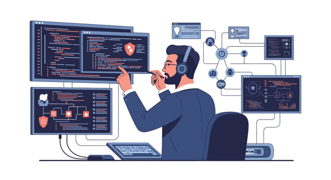 A male software developer working at a workstation with multiple monitors displaying code and network diagrams. EPS Editable. Vector Illustrations.