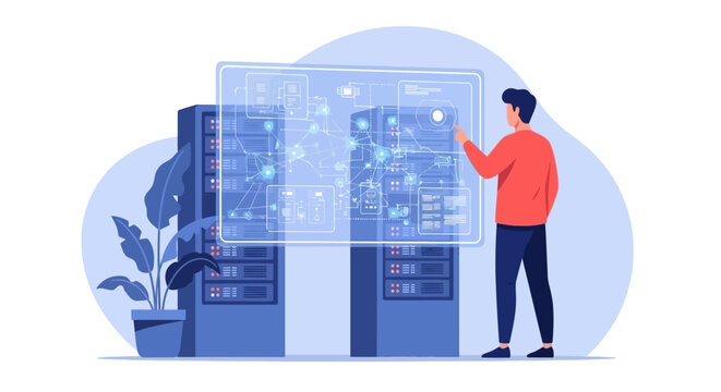 A male system administrator managing server infrastructure with digital interface. EPS Editable. Vector Illustrations.