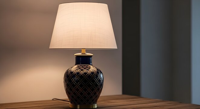 Elegant table lamp with white shade and gold accents on dark blue base