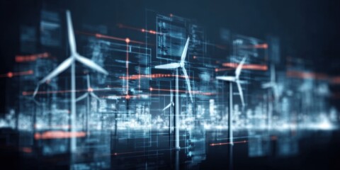 Fototapeta premium Massive wind turbines harness renewable energy to provide a clean power source that supports climate health and green eco sustainability goals.
