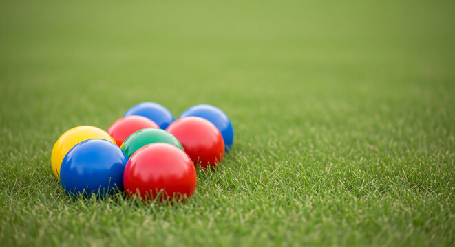 Colorful game balls resting on a green grass lawn