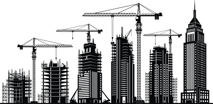 Black and White Construction Progress Silhouette Featuring Tower Cranes and Rising Skyscrapers for Urban Development Real Estate and Architectural Engineering Projects