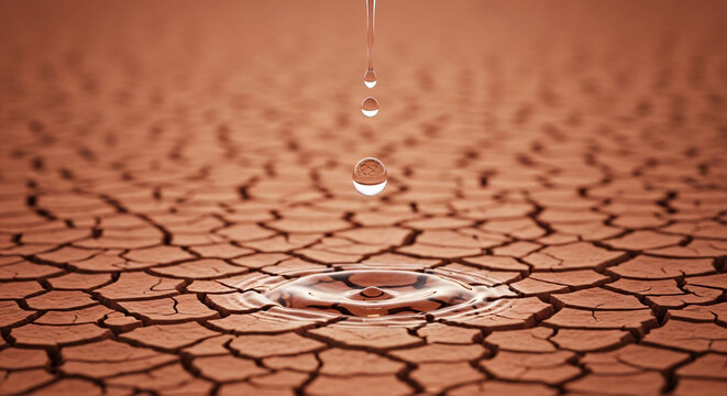 Water droplets falling onto parched cracked earth