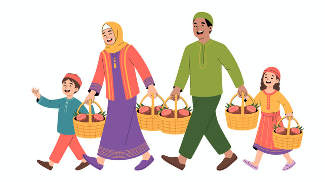 People carrying food baskets for charity distribution during Eid ul Adha community support concept
