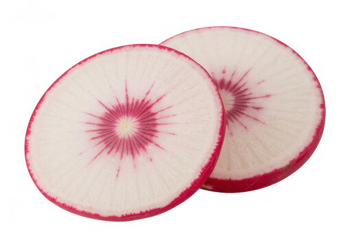 Two fresh radish slices showing internal red and white pattern, isolated on a white background