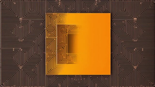 白背景で幾何学グリッドから構築される黒曜石と銅のマイクロチップパズルとオレンジ色回路の点火タイムラプス