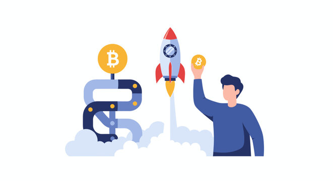 A person holding a bitcoin coin with a rocket ship launching and a crypto roadmap illustration. EPS Editable. Vector Illustrations.