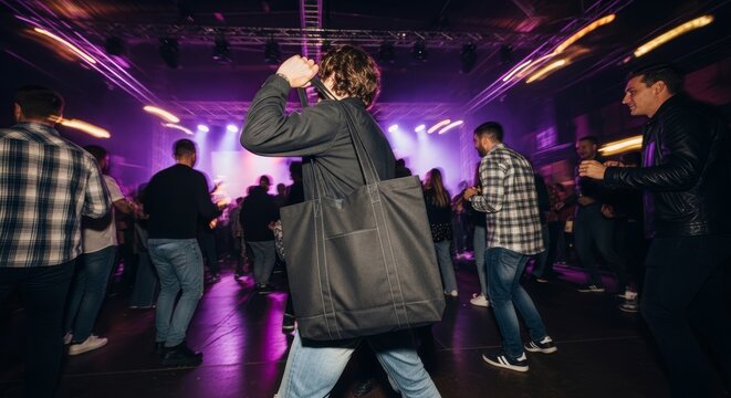 Action Shot of Black Tote Bag in Dancing Music Festival Crowd