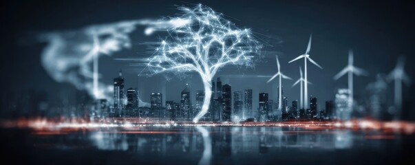 Obraz premium Exploring renewable energy leads to a clean climate and a green eco world where humans live in harmony with global sustainability.