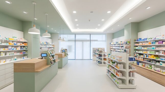 pharmacy space with organized retail shelves and checkout counter