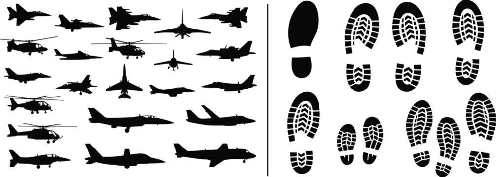 Aircraft silhouettes collection with various airplanes and helicopter types alongside shoe footprint tracks isolated illustration set