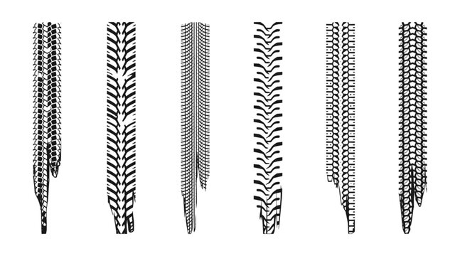 Set of Narrow Tire Track Designs Representing Automotive Road Texture Vehicle Movement Racing Elements and Vector Illustration Collection