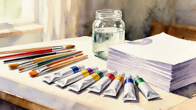 Watercolor Painting Supplies with Brushes and Paper Stack