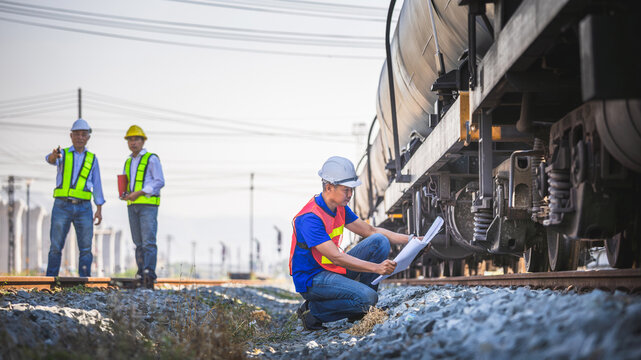 Railway engineer holding blueprints inspecting freight train tracks for maintenance and safety, Technician checking industrial oil tank wagon on railway tracks with colleagues in background