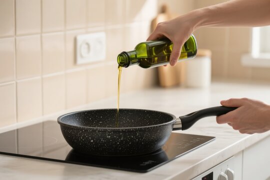 Pouring olive oil into a frying pan on an induction stove in a modern kitchen