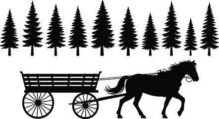 Horse pulling wooden cart silhouette with pine forest trees background rustic countryside transport illustration © SREEMOTISHAMOLI
