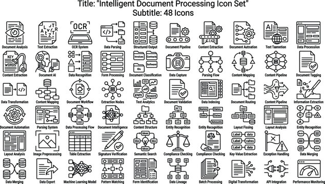 Intelligent Document Processing Icon Set Featuring OCR, Data Extraction, Classification, Automation, AI Parsing and Document Workflow Concepts