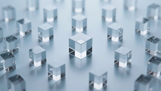 Transparent glass cubes arranged in a grid pattern on a reflective surface