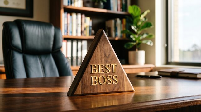 Wooden triangular best boss sign on an executive office desk with bookshelf and chair background leadership executive