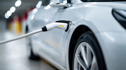 Fototapeta premium Electric vehicle charging cable connected to silver car in parking garage, close up of electric car charging port
