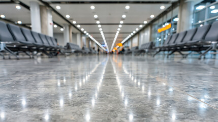 Obraz premium Empty airport terminal corridor with polished floor and rows of seats