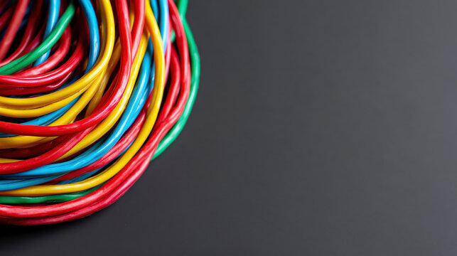 Colorful data cables, tangled network wires on dark background, close up flat lay of colorful cable tangle