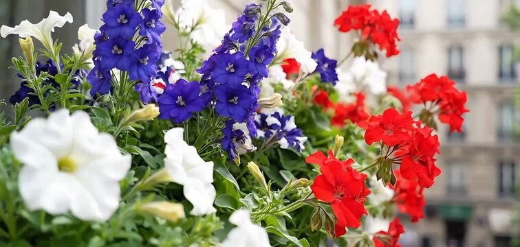 Vibrant Red White and Blue Flowers in a Parisian Window Flower Box
