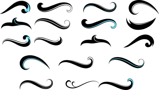 Collection of dynamic black swirls and flourishes with teal accents design elements