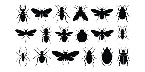 Collection of black insect silhouettes on white background © MDRAJU