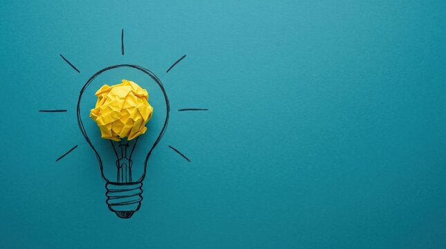 Innovation brainstorming concept with hand drawn light bulb and yellow crumpled paper ball on blue background, lightbulb