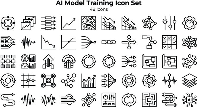 AI Model Training Icon Set Featuring Neural Networks, Data Pipelines, Optimization, Machine Learning Algorithms and Performance Analytics Concepts
