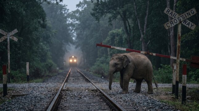 Elephant crossing railway tracks in misty forest setting