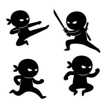 Four black ninja silhouettes are jumping and fighting with swords in a digital illustration.