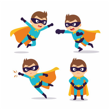 Four cartoon superheroes in blue and yellow costumes are jumping and posing dynamically on a white background in t54.svg