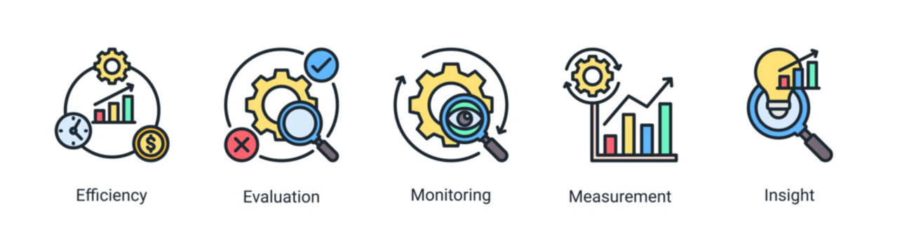Process Management icon set featuring performance,analysis,monitoring,and measurement concepts.Ideal for business systems,data tracking,and process evaluation.