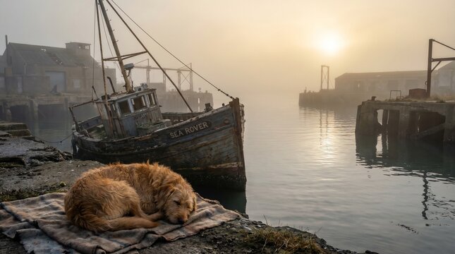 Dog resting by abandoned fishing boat in foggy harbor at sunrise