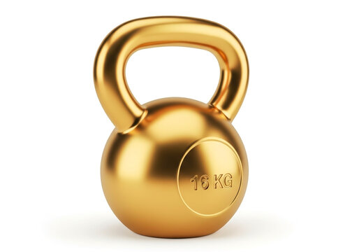 Golden kettlebell weighing thirty kilograms displayed prominently against a plain background