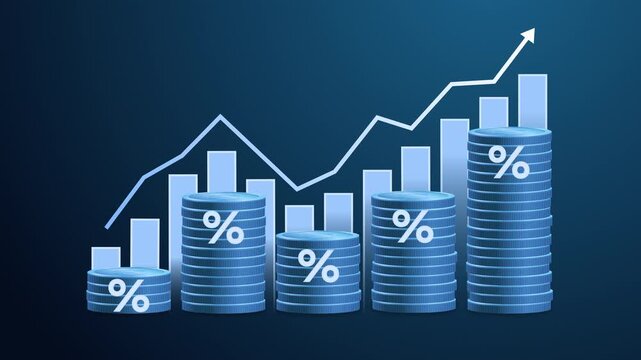 Interest rate concept. Stacked money with percentage symbol and up bar chart arrow. Represent income, return, retirement, financial banking increase interest rate or mortgage investment dividend