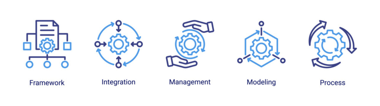 Process Management icon set featuring system,management,integration,and modeling concepts.Ideal for business operations,process design,and workflow structure.