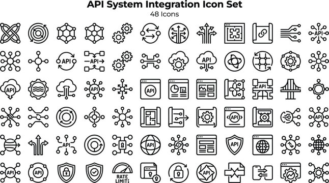 API System Integration Icon Set Featuring Data Exchange, Connectivity, Microservices, Cloud APIs, Automation and Software Architecture Concepts