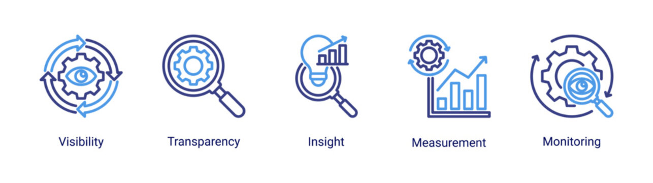 Process Management icon set featuring data,insight,visibility,and monitoring concepts.Ideal for analytics,reporting,and business intelligence systems.